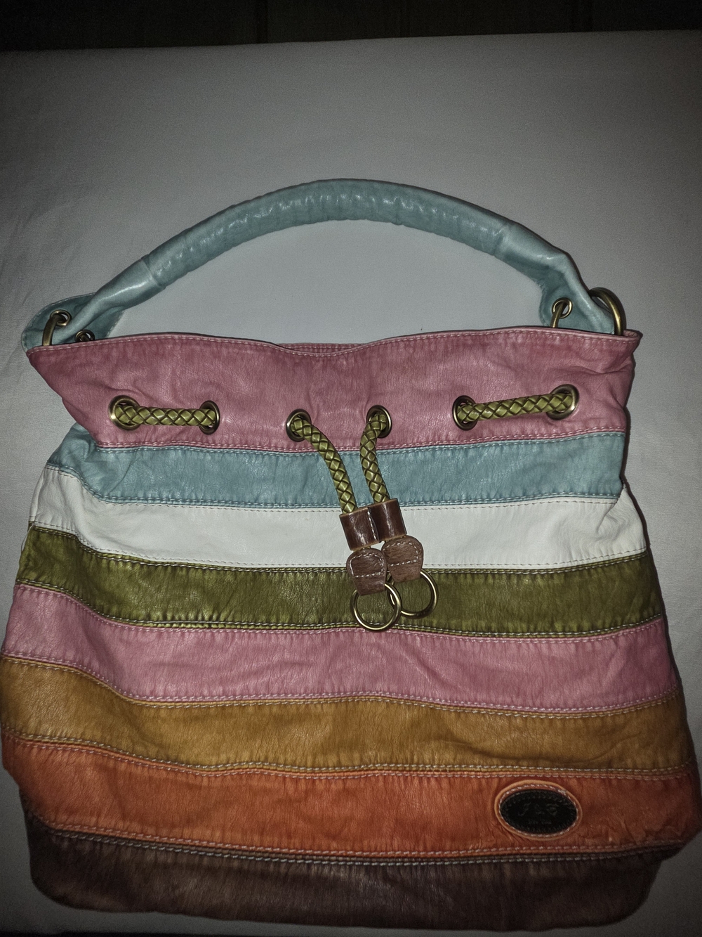 Multi-Color Striped Shoulder Bag with Braided Drawstring